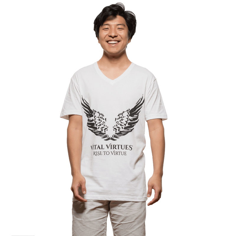 Vital Virtues - 3200 Next Level Apparel Men's Cotton V-Neck T-Shirt 3/4 View (Asian Male Model)