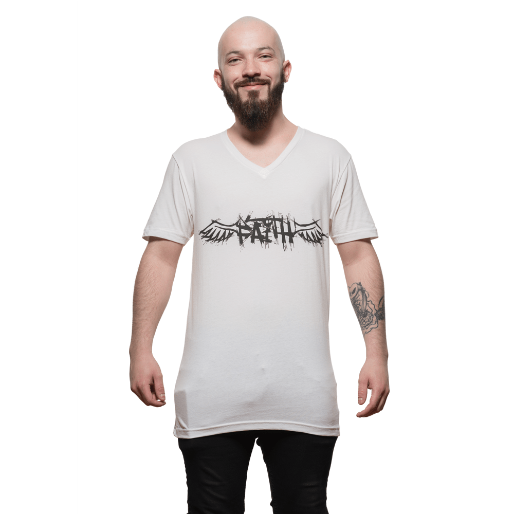 Winged Faith - 3200 Next Level Apparel Men's Cotton V-Neck T-Shirt Front View (Bald Male Model)