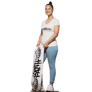 Winged Faith Steep Skateboard Deck – 3/4 View (Female Latina model holding skateboard deck with both hands)