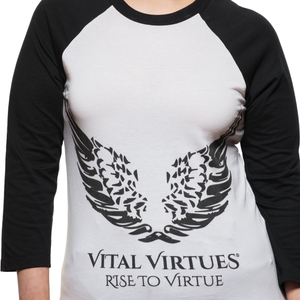 Vital Virtues - 3200 Bella+Canvas Unisex 3/4 Sleeve Baseball Tee Close Up