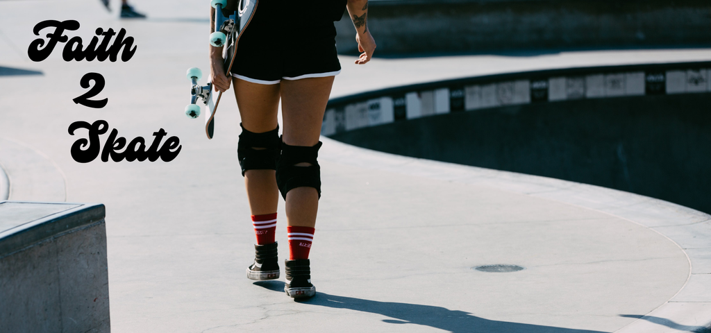 Faith 2 Skate Hero Banner – female skateboarder walking away pool with skateboard deck in hand