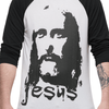 Jesus - 3200 Bella+Canvas Unisex 3/4 Sleeve Baseball Tee White / Black (Bald Male Model Close-Up)