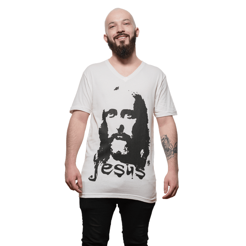 Jesus - 3200 Next Level Apparel Men's Cotton V-Neck T-Shirt (Bald Male Model Rear View)