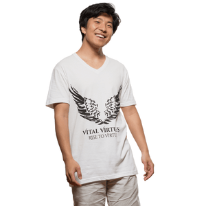 Vital Virtues - 3200 Next Level Apparel Men's Cotton V-Neck T-Shirt 3/4 View (Asian Male Model)