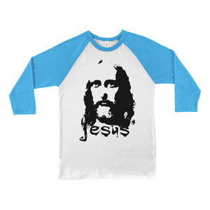 Jesus - 3200 Bella+Canvas Unisex 3/4 Sleeve Baseball Tee White / Neon Blue